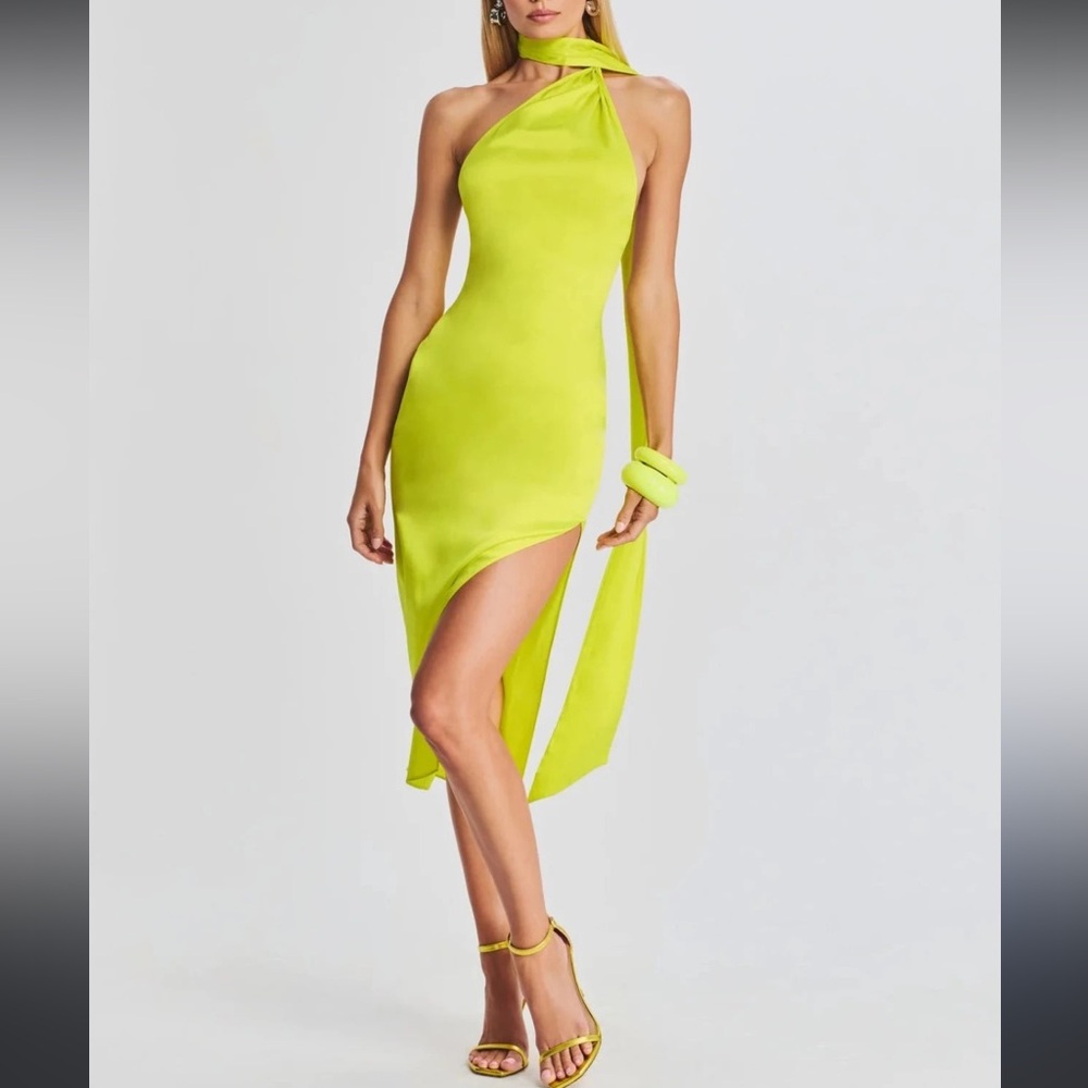 New Ser.O.Ya Marissa Silk Dress Neon Lime Yellowish Size Small